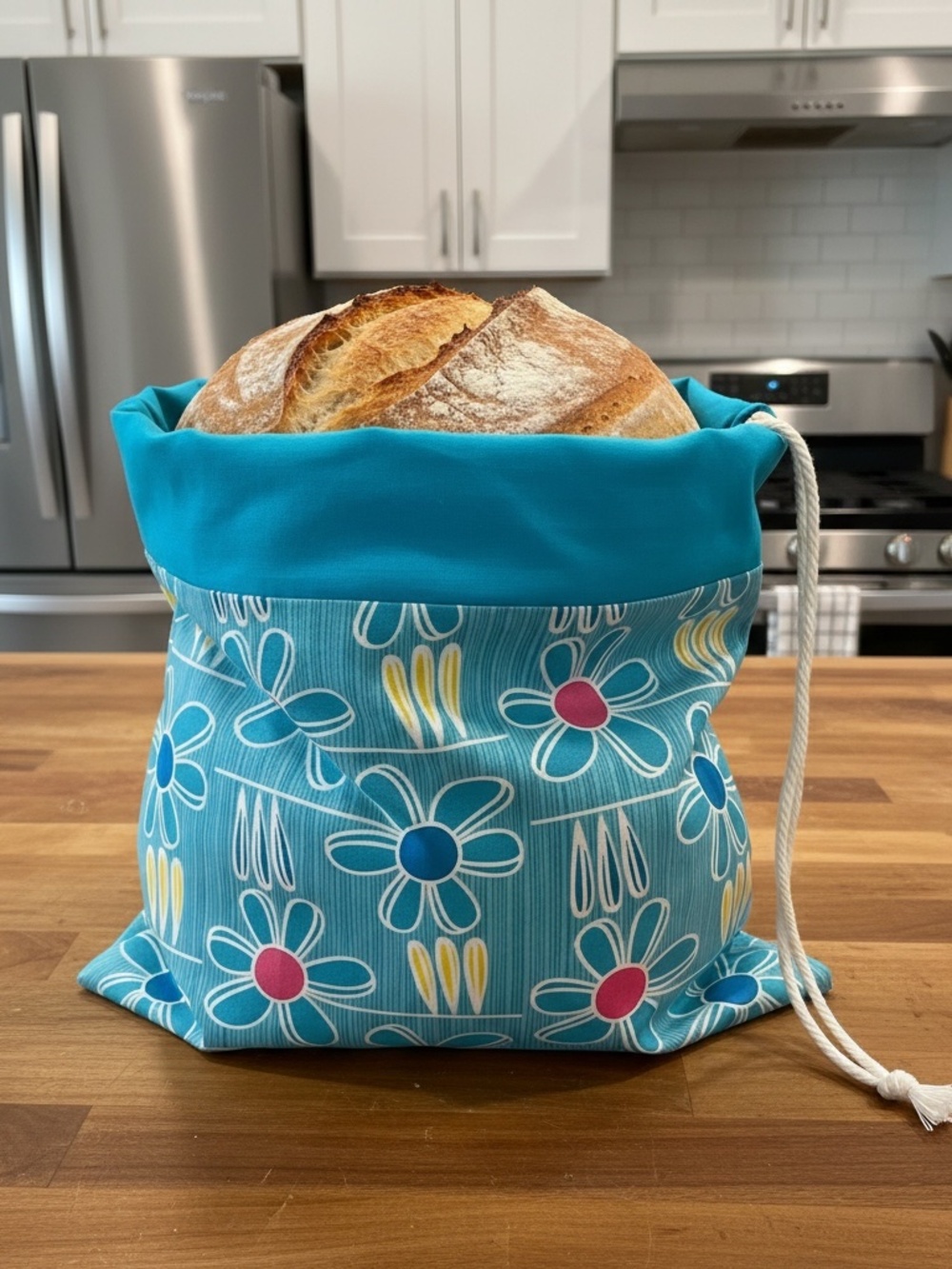 Big Floral Teal Cotton Bread Bag, Sourdough Drawstring Reusable Bread Bag